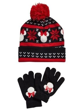 Disney Minnie Mouse Kids Knit Beanie Hat & Gloves Set Red Black Size Girls 4-6X